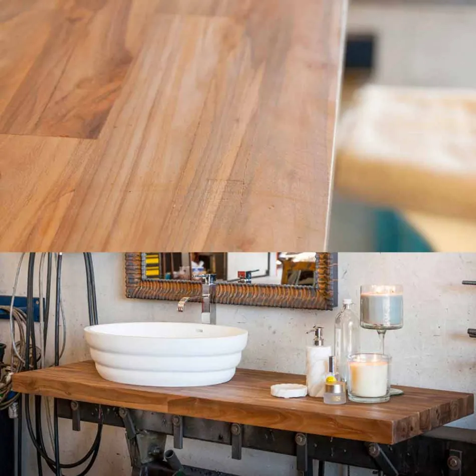 Hangende designmeubelset voor badkamer in teakhouten blokbodem Poggio Viadurini