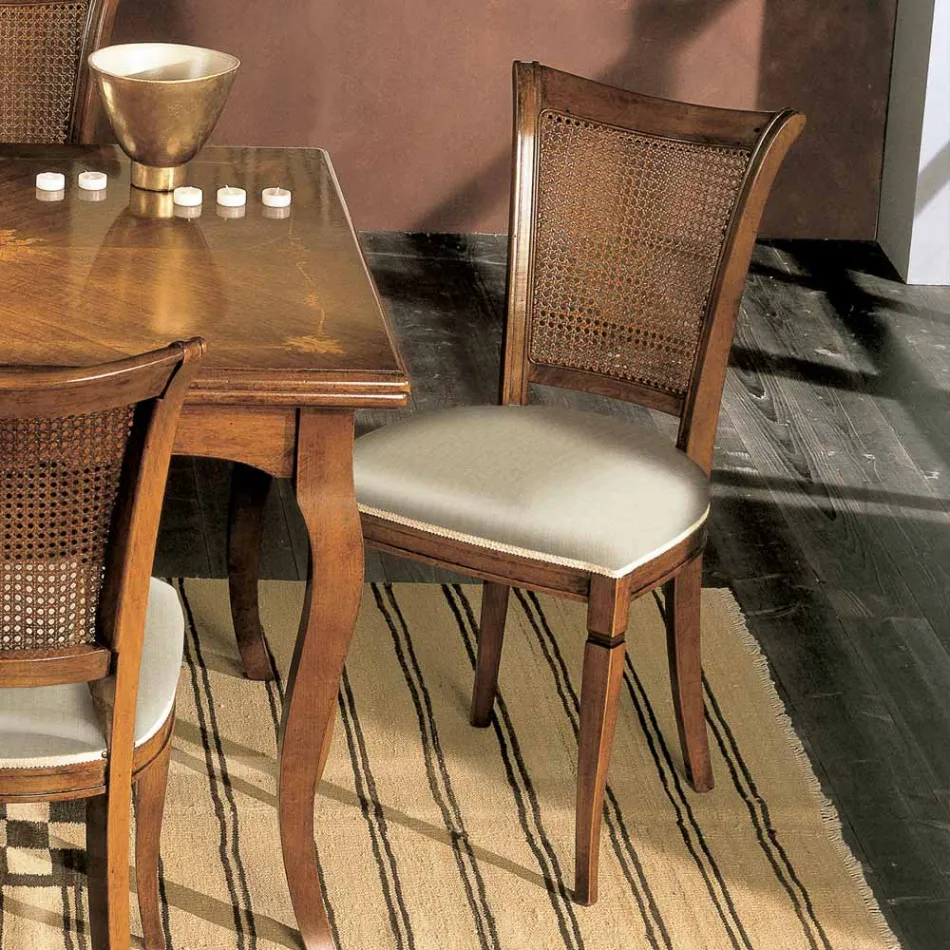 Set van vier stoelen van Bassano-hout en stof, gemaakt in Italië - Amber Viadurini