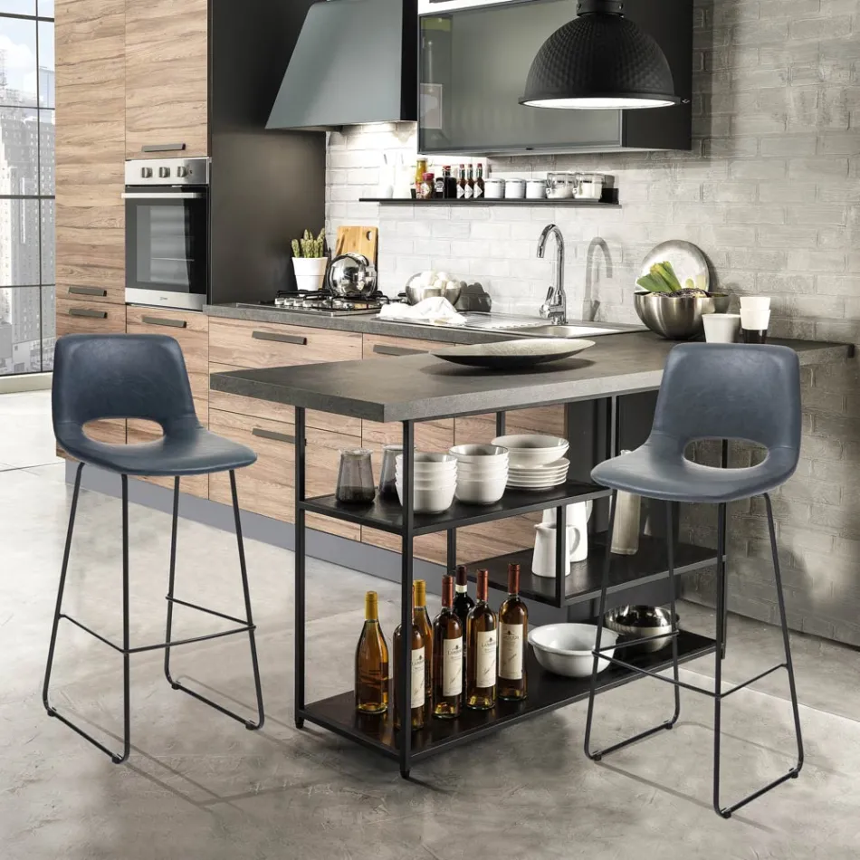 Hoge keukenkruk in synthetisch leer en zwart metaal 2 stuks - Yuri Viadurini