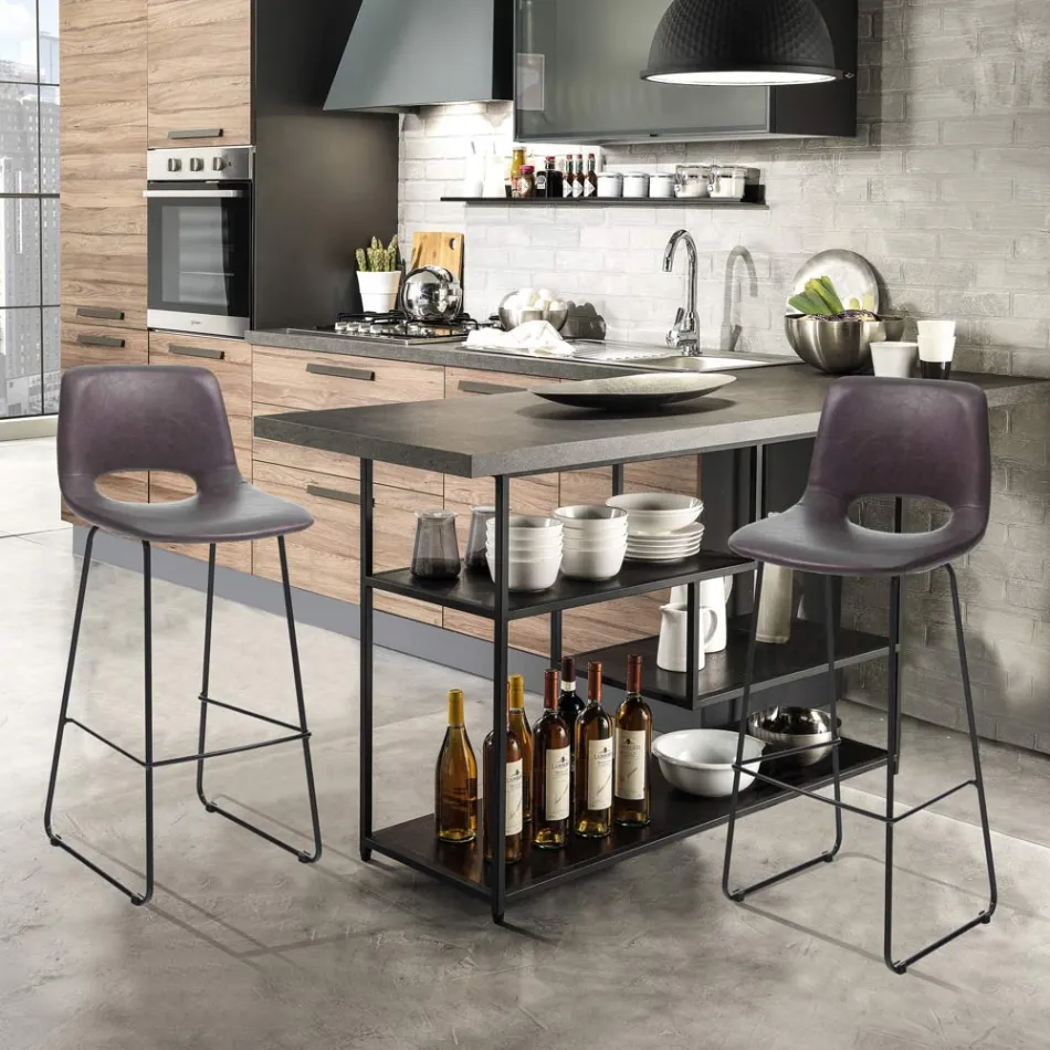 Hoge keukenkruk in synthetisch leer en zwart metaal 2 stuks - Yuri Viadurini