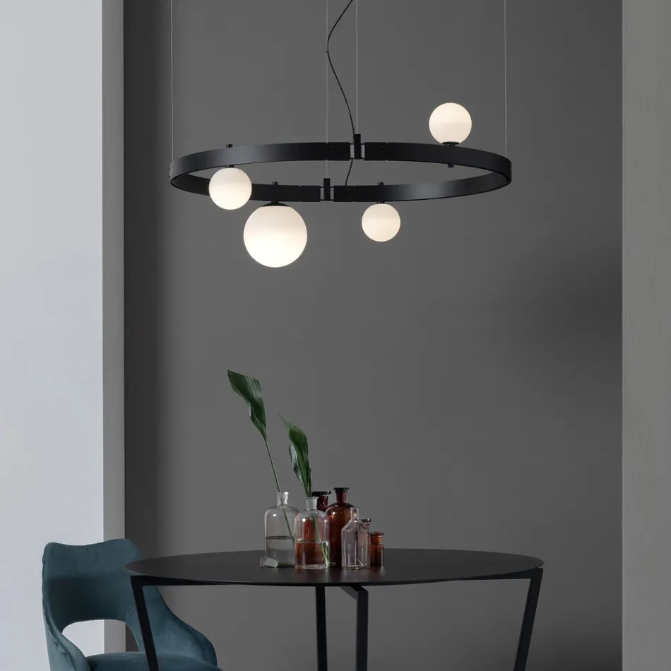Ovale design ophanging in zwart aluminium met bollen en schijnwerpers - Exodus Viadurini