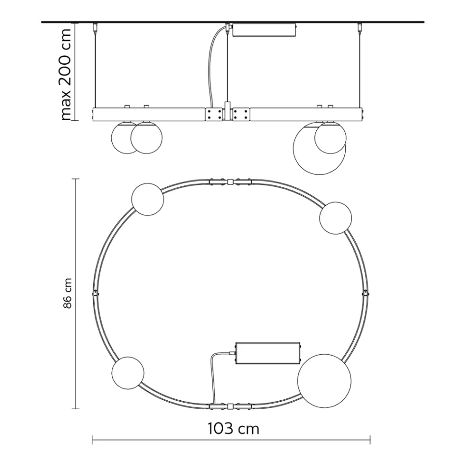 Ovale design ophanging in zwart aluminium met bollen en schijnwerpers - Exodus Viadurini