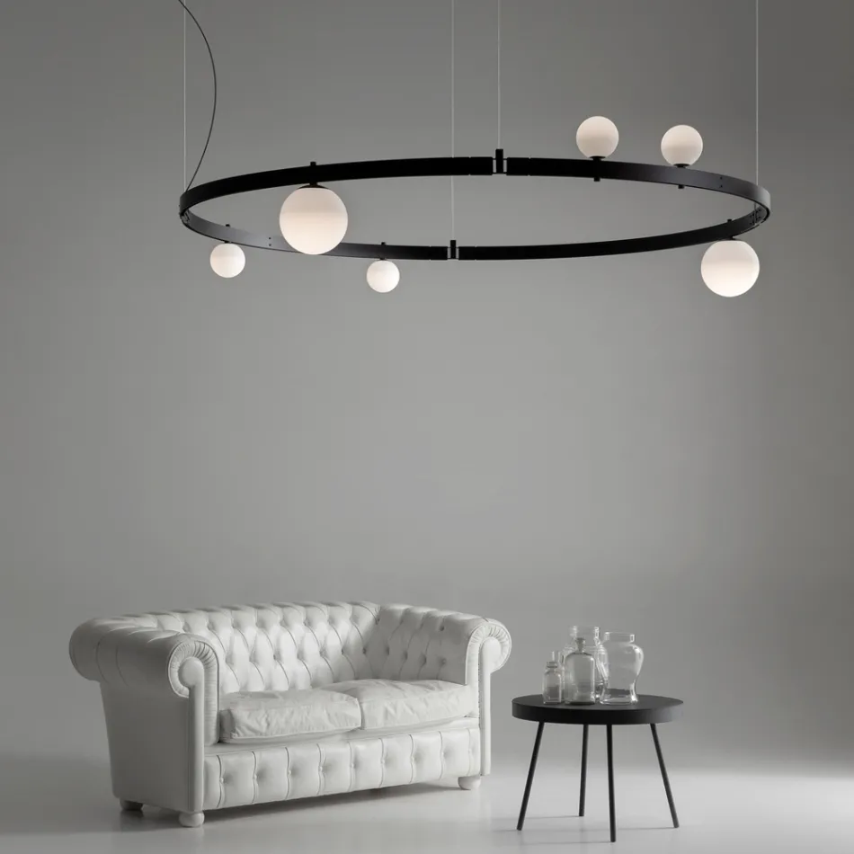 Ronde design ophanging in zwart aluminium met bollen en spots - Exodus Viadurini