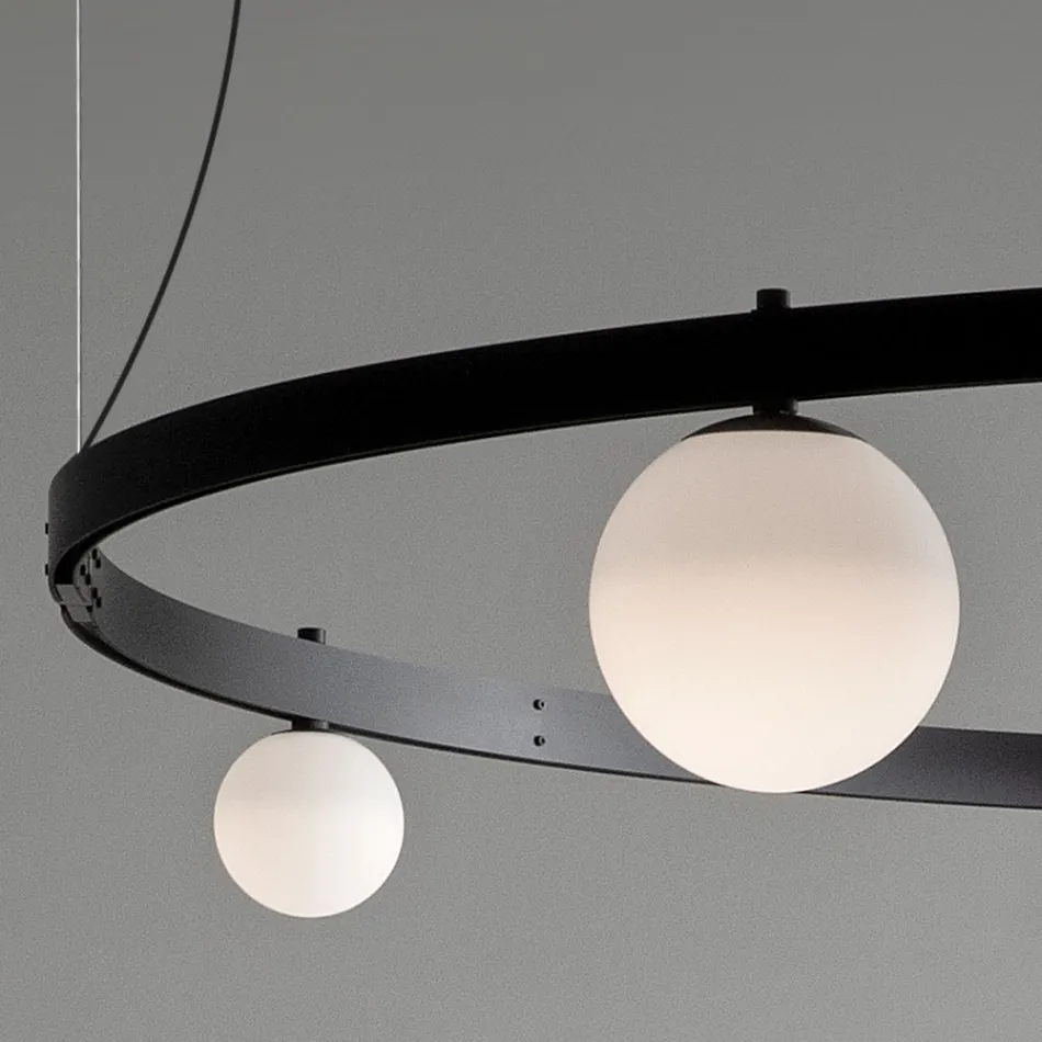 Ronde design ophanging in zwart aluminium met bollen en spots - Exodus Viadurini