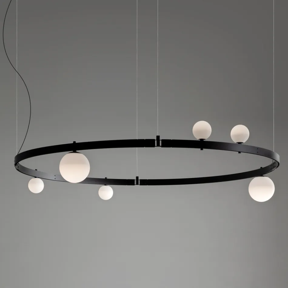 Ronde design ophanging in zwart aluminium met bollen en spots - Exodus Viadurini