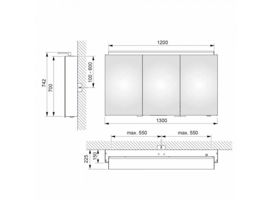 Moderne wandkastspiegel met 3 deuren en interne planken - Bramo Viadurini