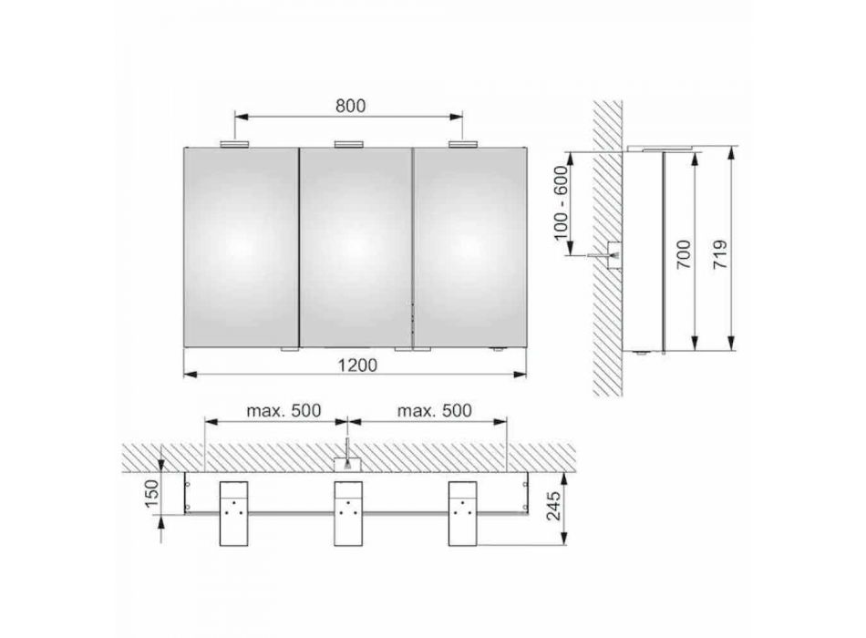 Containerspiegel met 3 deuren met 9 interne planken en LED-verlichting - ratel Viadurini