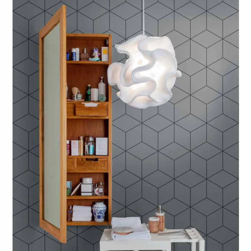 Teakhouten wandopbergspiegel met planken en interne lades - Ralio Viadurini