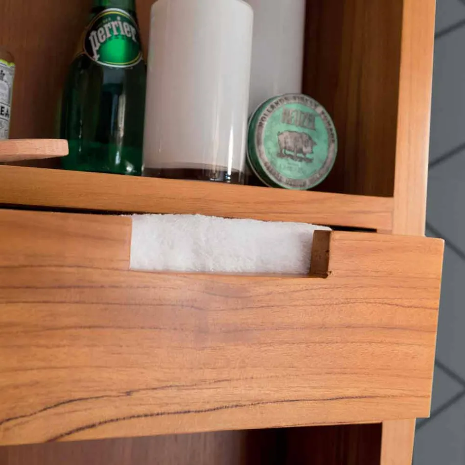 Teakhouten wandopbergspiegel met planken en interne lades - Ralio Viadurini