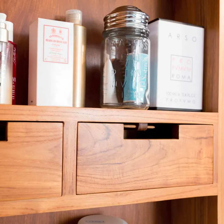 Teakhouten wandopbergspiegel met planken en interne lades - Ralio Viadurini