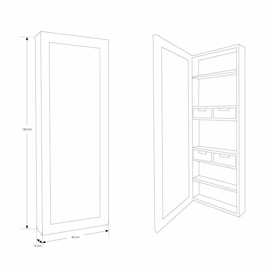 Teakhouten wandopbergspiegel met planken en interne lades - Ralio Viadurini