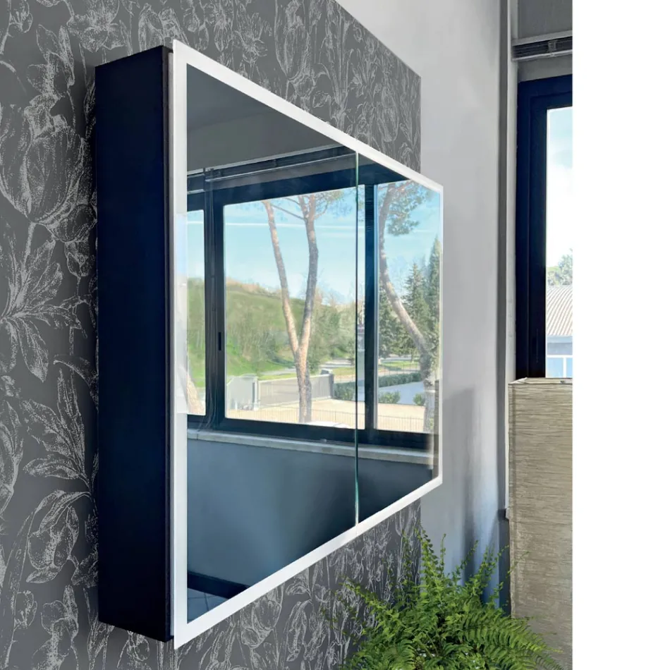 Houten spiegelcontainer met dubbele spiegel en verlichting Made in Italy - Darwin Viadurini