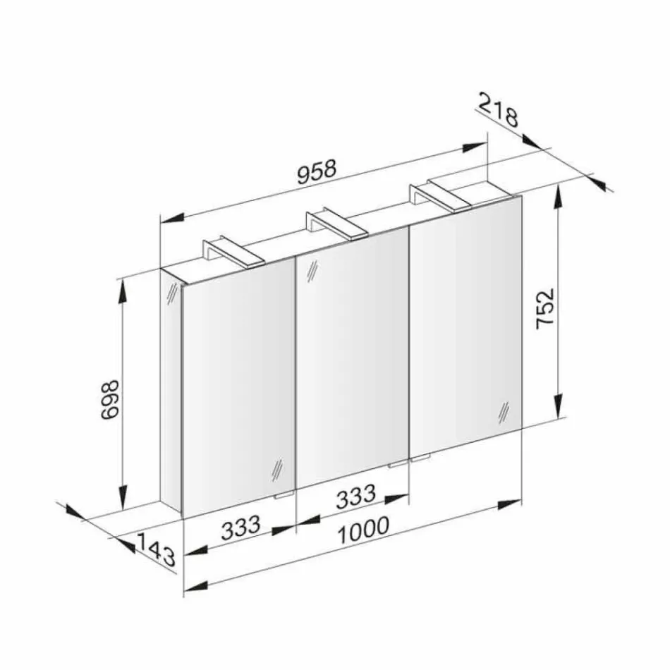 Moderne containerspiegel met 3 kristallen deuren en 3 LED-verlichting - Maxi Viadurini