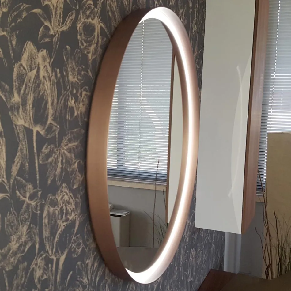 Ronde wandspiegel met metalen frame verschillende kleuren en led-verlichting - Renga Viadurini