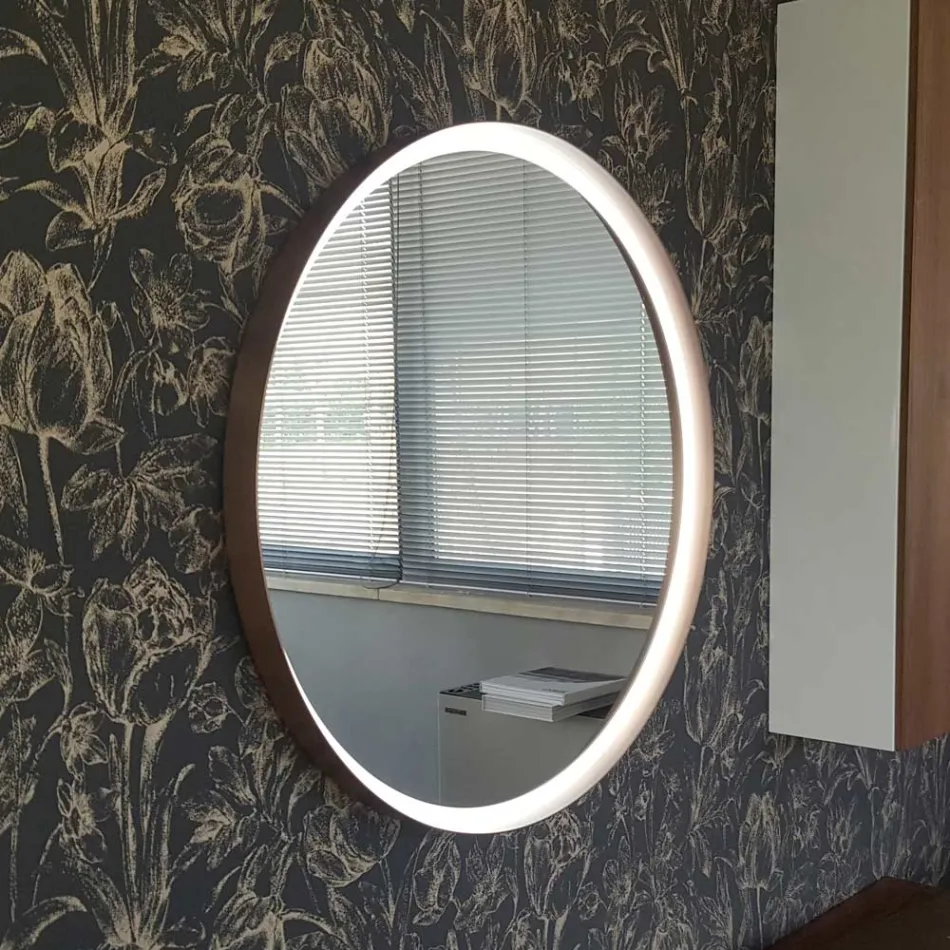 Ronde wandspiegel met metalen frame verschillende kleuren en led-verlichting - Renga Viadurini