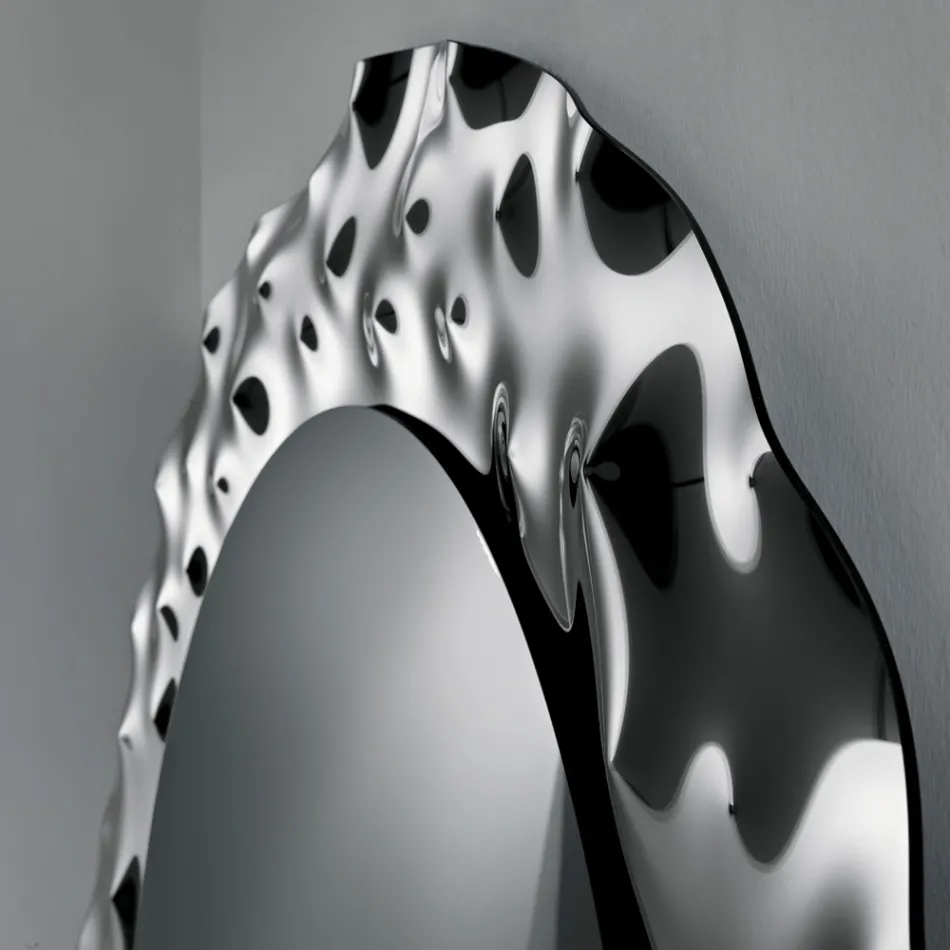 Ronde spiegel met golvend glazen frame, gemaakt in Italië - Adelma Viadurini