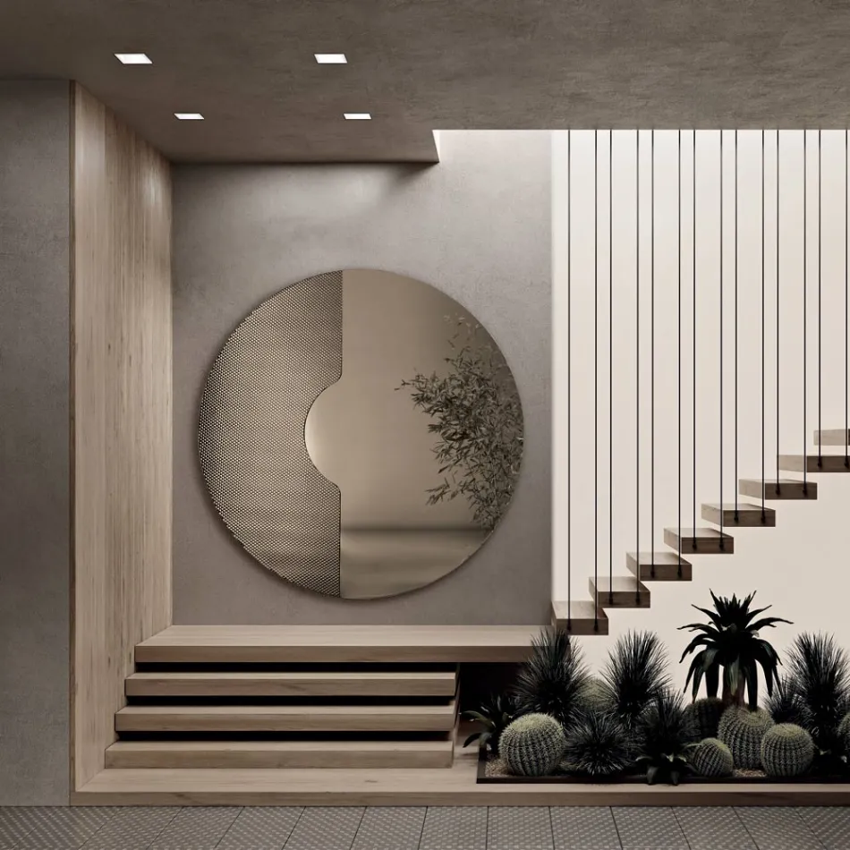 Ronde wandspiegel met gaasinzetstuk, gemaakt in Italië - Annabella Viadurini