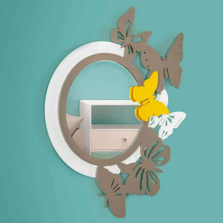 Moderne design ronde spiegel in gekleurd hout met vlinders - Beat Viadurini