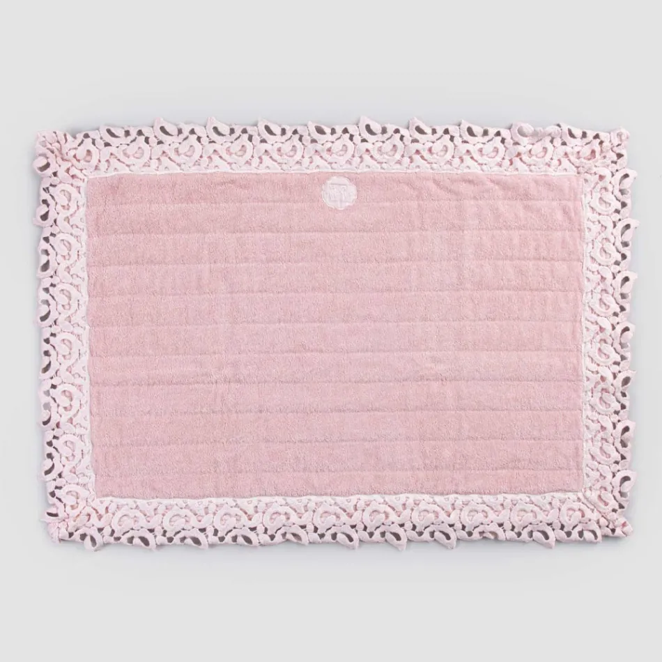 Badkamertapijt van katoen en linnen spons met Poema-kant 2 kleuren - Cuorotto Viadurini