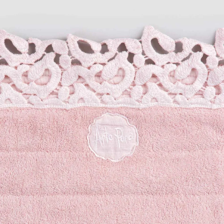 Badkamertapijt van katoen en linnen spons met Poema-kant 2 kleuren - Cuorotto Viadurini