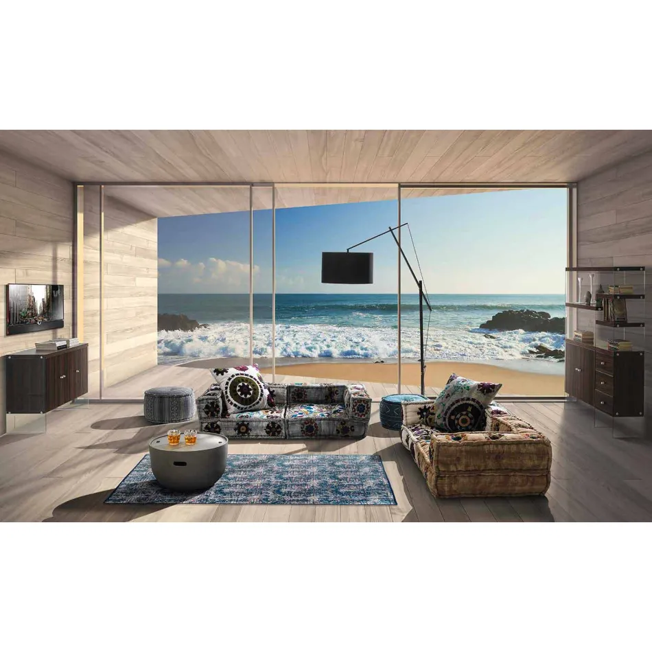 Rechthoekig blauw kelim-katoenen tapijt met gekleurd patchwork - vezels Viadurini