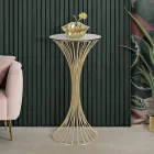 Ronde hoge salontafel in goudkleurig ijzer met bollen en blad van gerookt glas - Dexter Viadurini