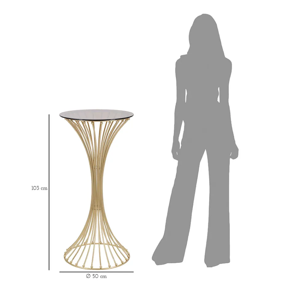 Ronde hoge salontafel in goudkleurig ijzer met bollen en blad van gerookt glas - Dexter Viadurini