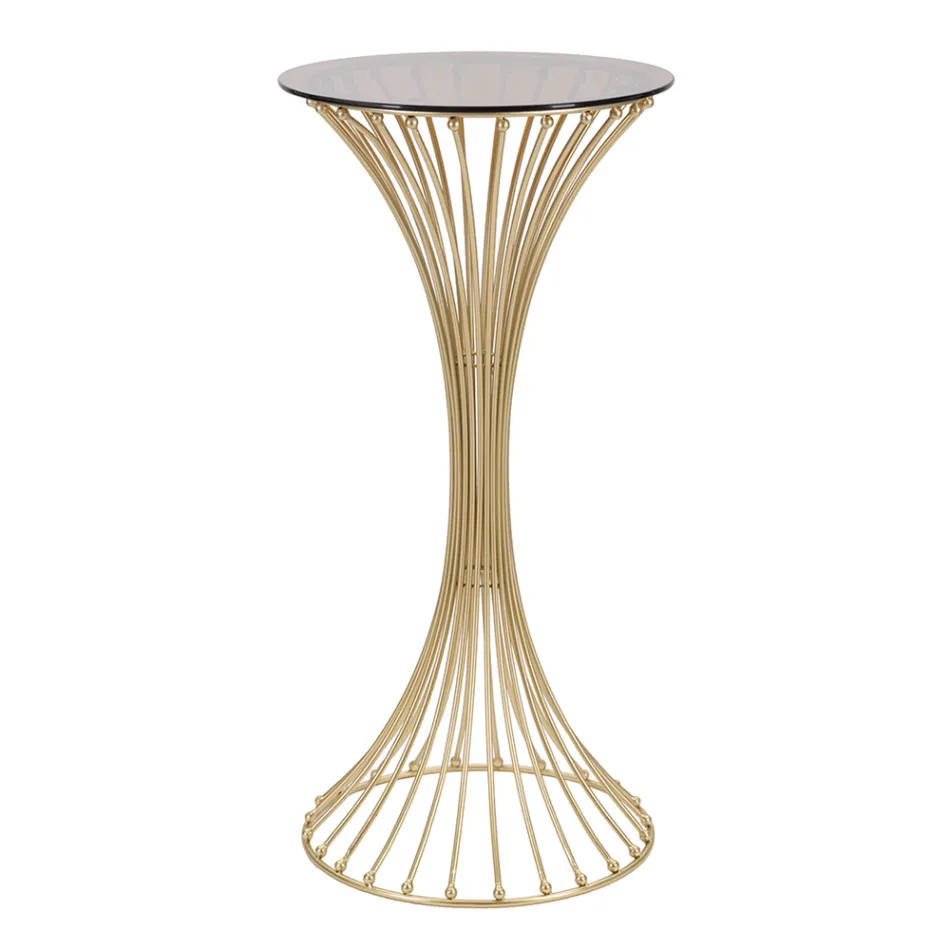 Ronde hoge salontafel in goudkleurig ijzer met bollen en blad van gerookt glas - Dexter Viadurini