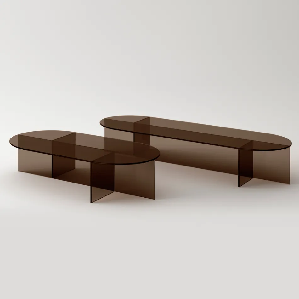 Salontafel Laris van bronskleurig glas met een verfijnd ontwerp, gemaakt in Italië. Viadurini