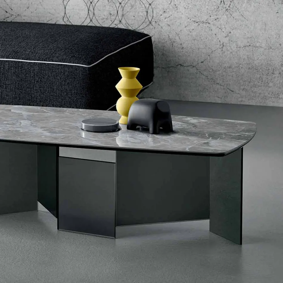 Lage salontafel woonkamer keramisch blad en rookglazen poten 3 maten - willekeurig Viadurini