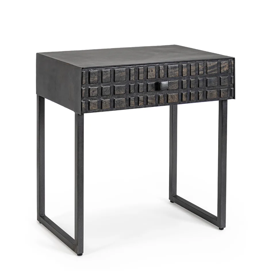 Nachtkastje in staal en mangohout met etnisch design - Mireo Viadurini