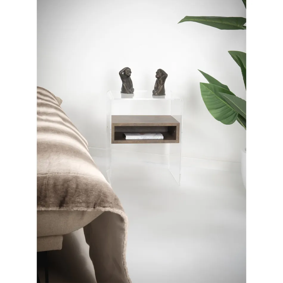 Recyclebaar nachtkastje in transparant plexiglas en hout - Pascoli Viadurini