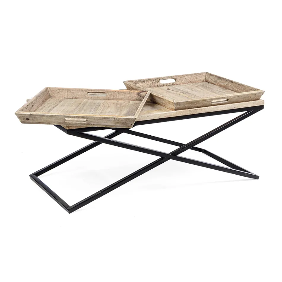 Salontafel in staal met dienblad in mangohoutdesign - Cesira Viadurini