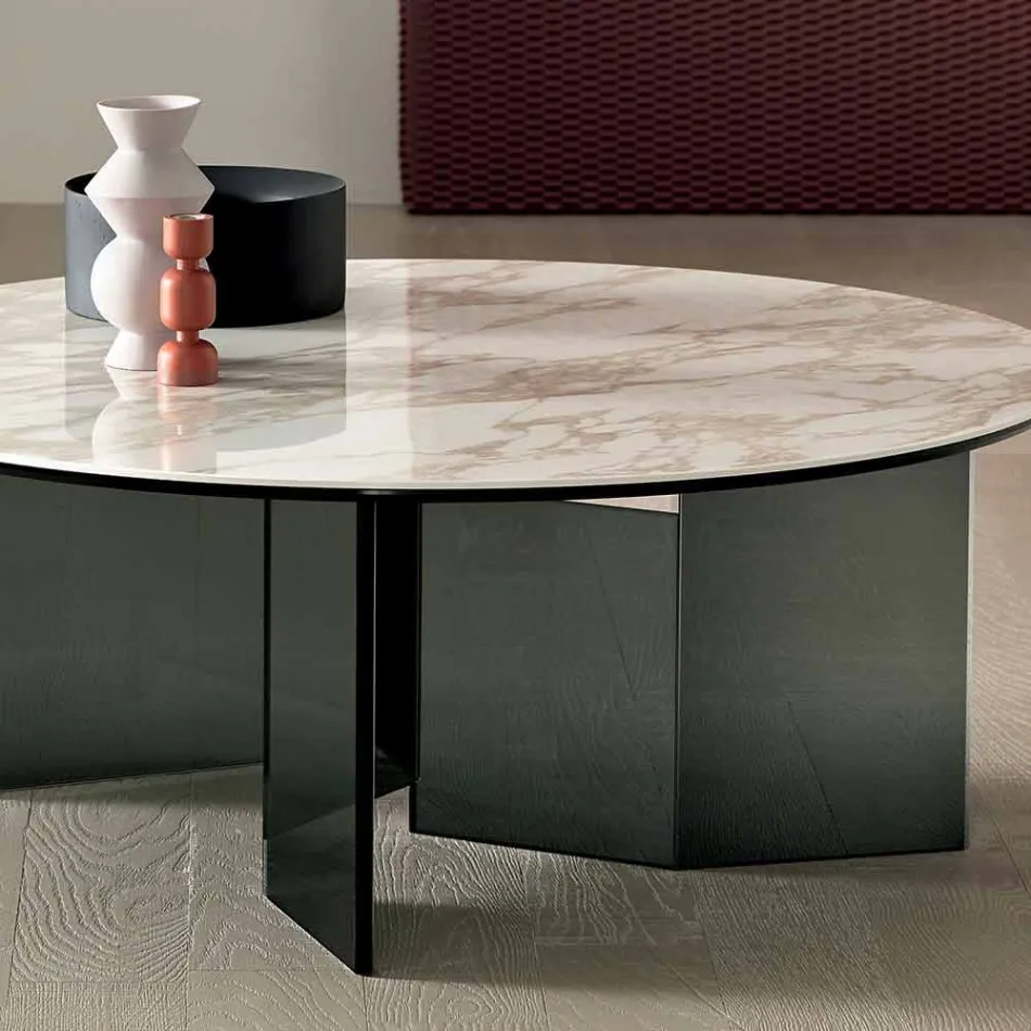 Ronde salontafel met keramisch blad en rookglazen poten - Random Viadurini