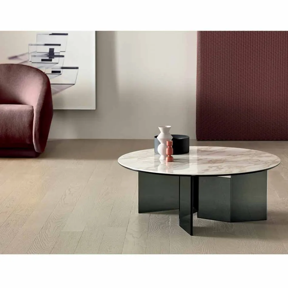 Ronde salontafel met keramisch blad en rookglazen poten - Random Viadurini