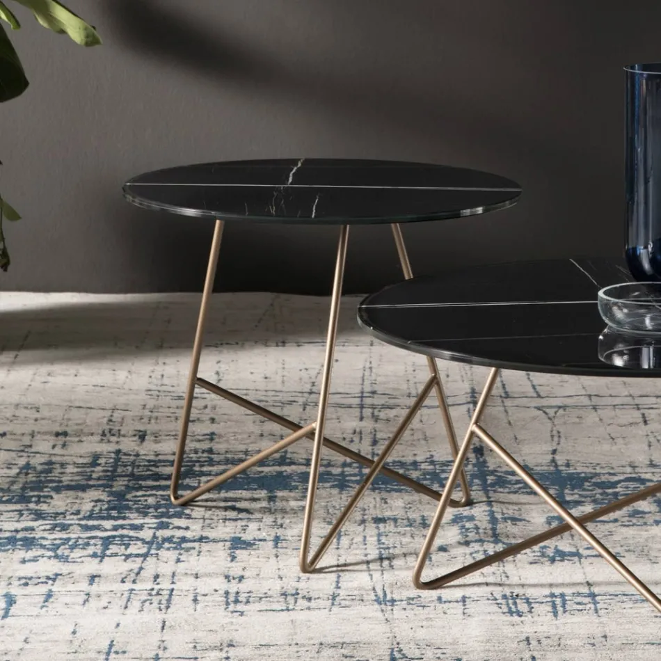 Ronde salontafel in luxe marmereffect metaal en glas - Magali Viadurini