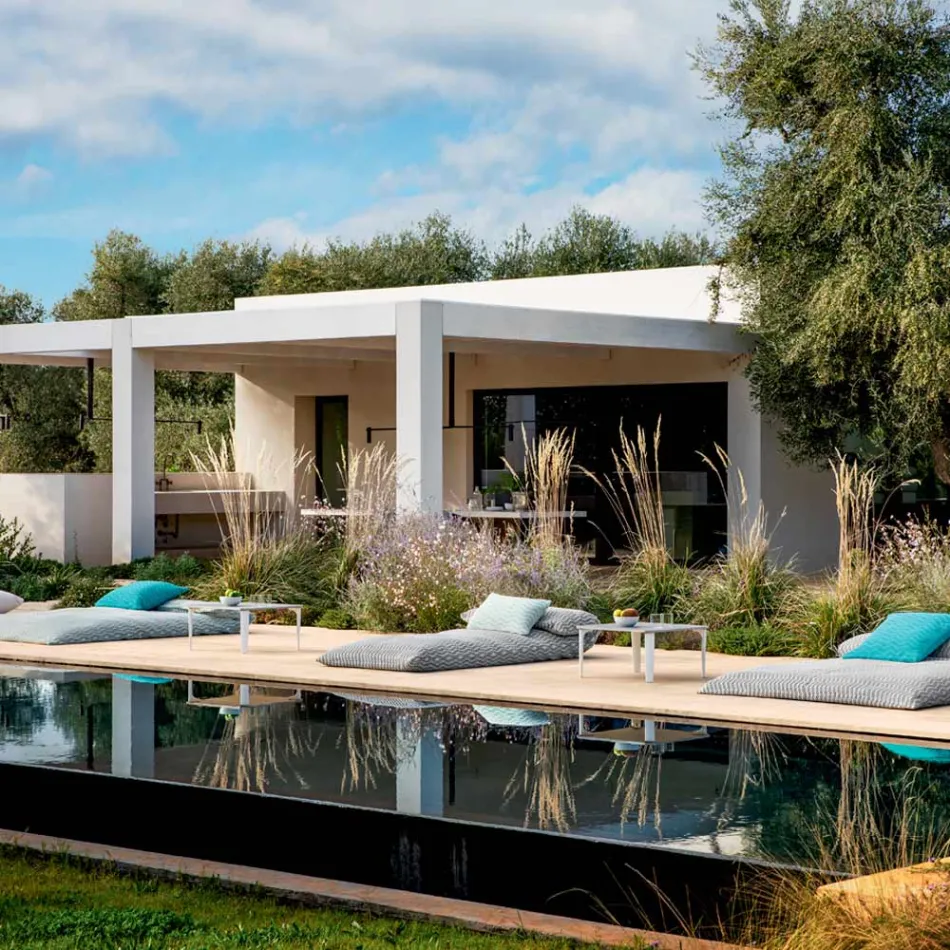 Vierkante salontafel voor buiten in aluminium en steengoed van hoge kwaliteit - Filomena Viadurini