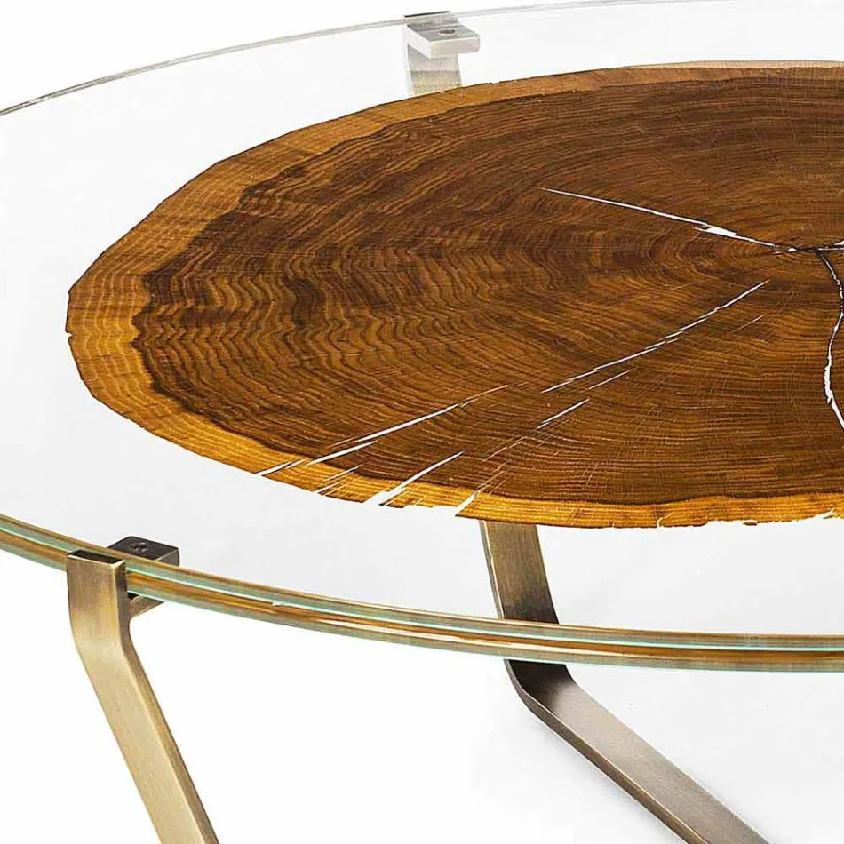 Salontafel met rond glas en houten blad Made in Italy - Baviera Viadurini