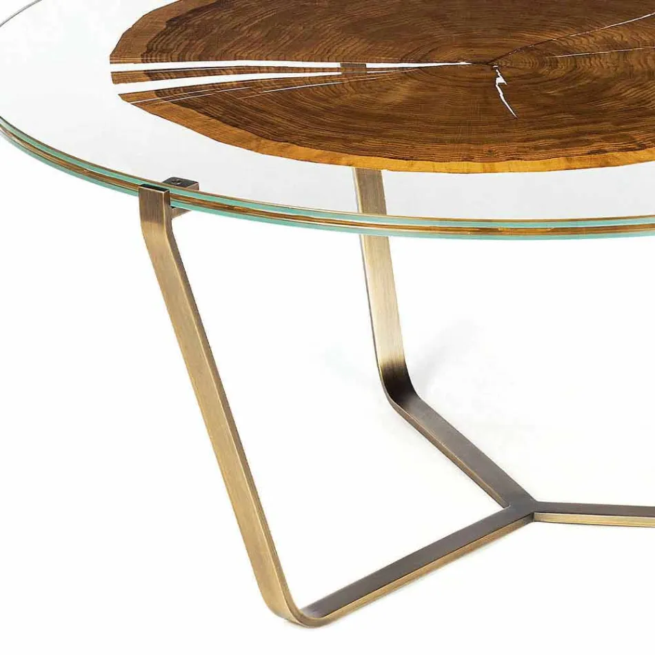 Salontafel met rond glas en houten blad Made in Italy - Baviera Viadurini