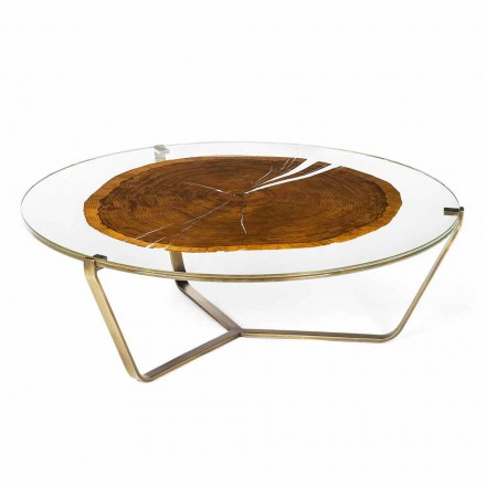 Salontafel met rond glas en houten blad Made in Italy - Baviera Viadurini