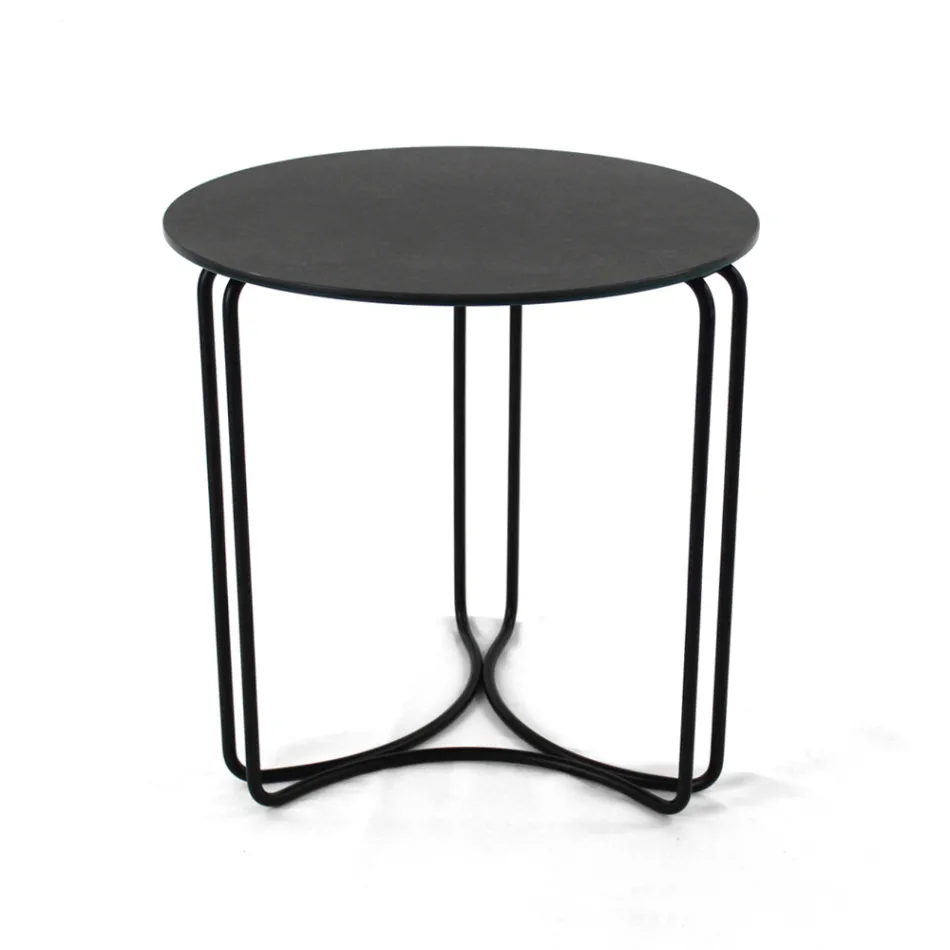 Salontafel in rond steengoed en onderstel met 3 halve manen Made in Italy - Arepa Viadurini