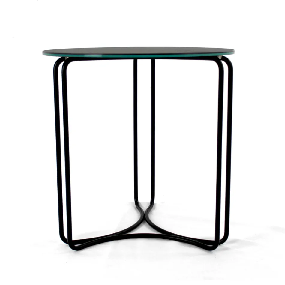 Salontafel in rond steengoed en onderstel met 3 halve manen Made in Italy - Arepa Viadurini