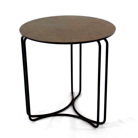 Salontafel in rond steengoed en onderstel met 3 halve manen Made in Italy - Arepa Viadurini