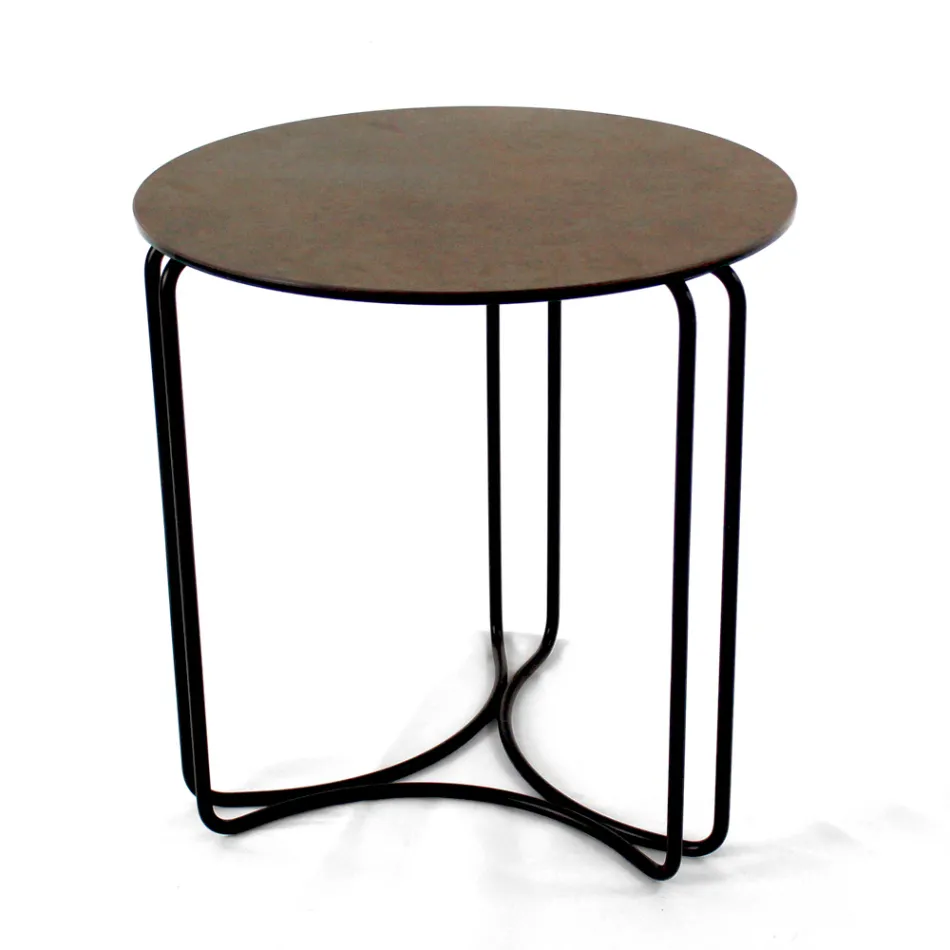 Salontafel in rond steengoed en onderstel met 3 halve manen Made in Italy - Arepa Viadurini