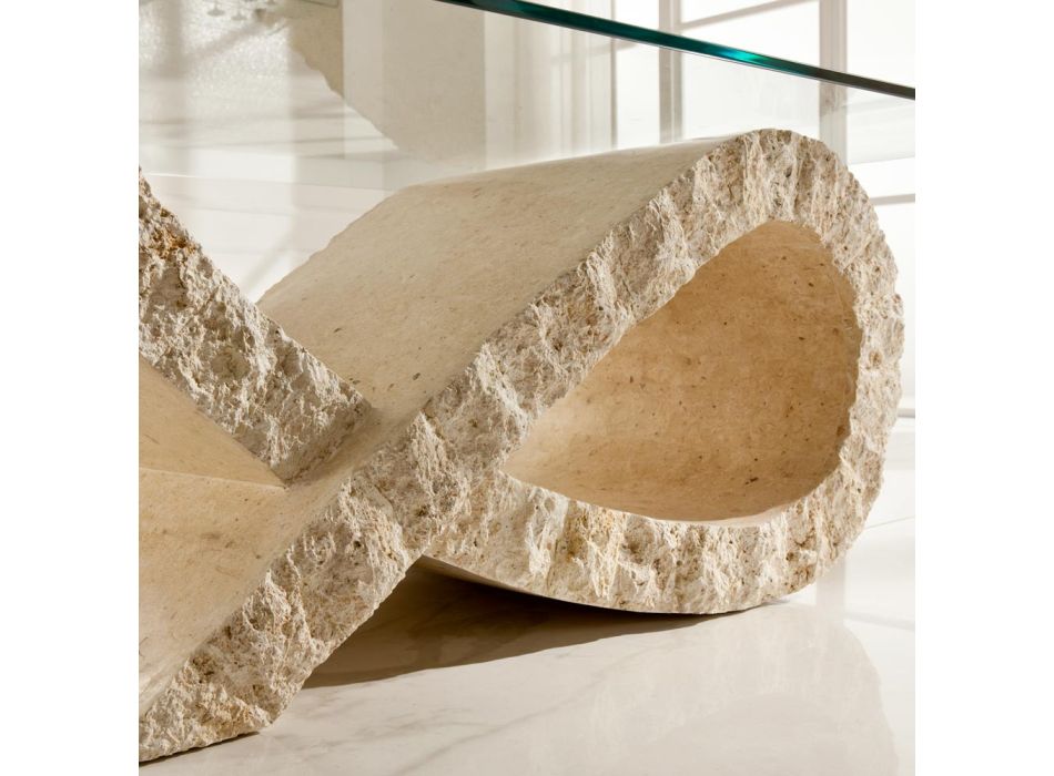 Fossil Stone salontafel met transparant glazen blad - Kansas Viadurini
