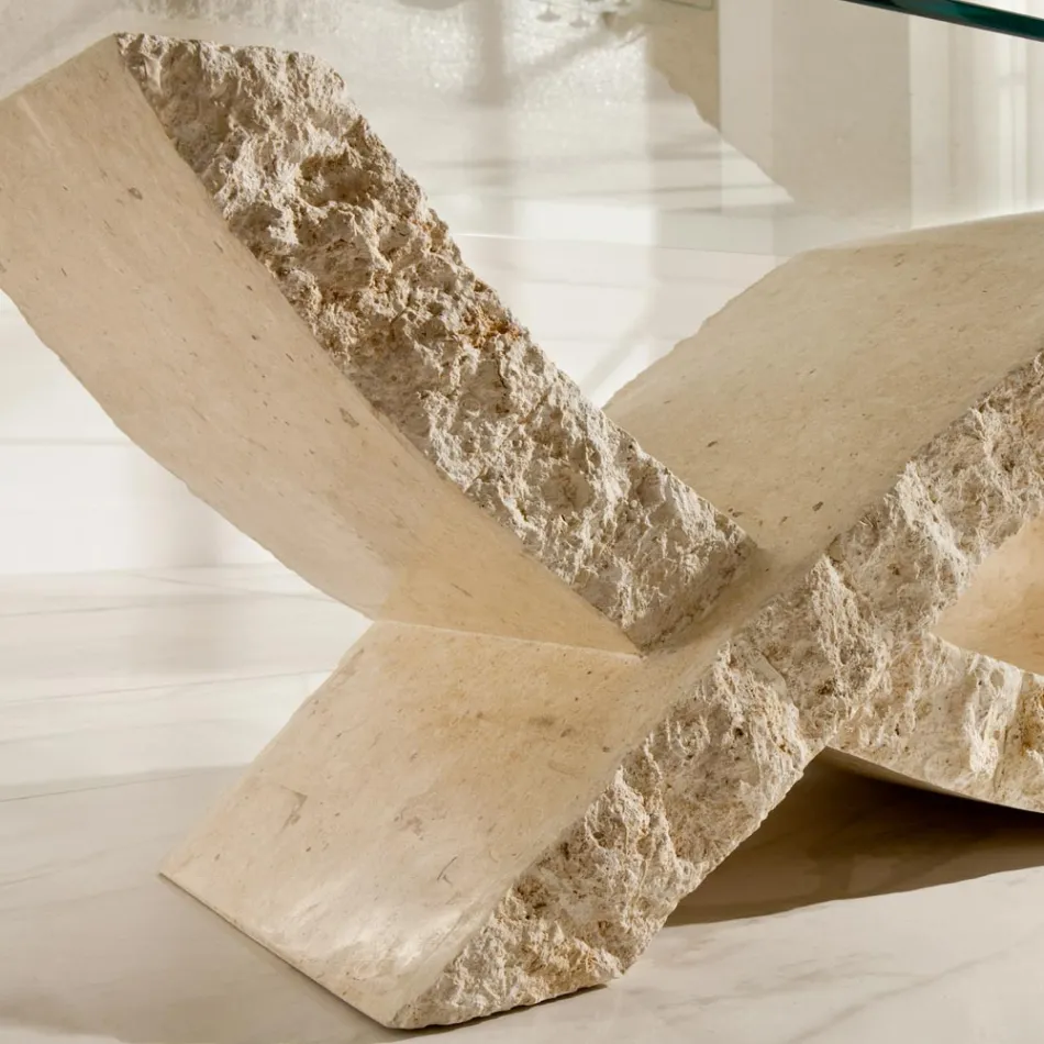 Fossil Stone salontafel met transparant glazen blad - Kansas Viadurini