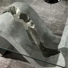 Salontafel van gehard glas met voet van fossiele steen - Jordan Viadurini