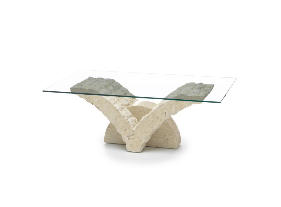 Rechthoekige salontafel met onderstel van witte fossiele steen - Gardenia Viadurini