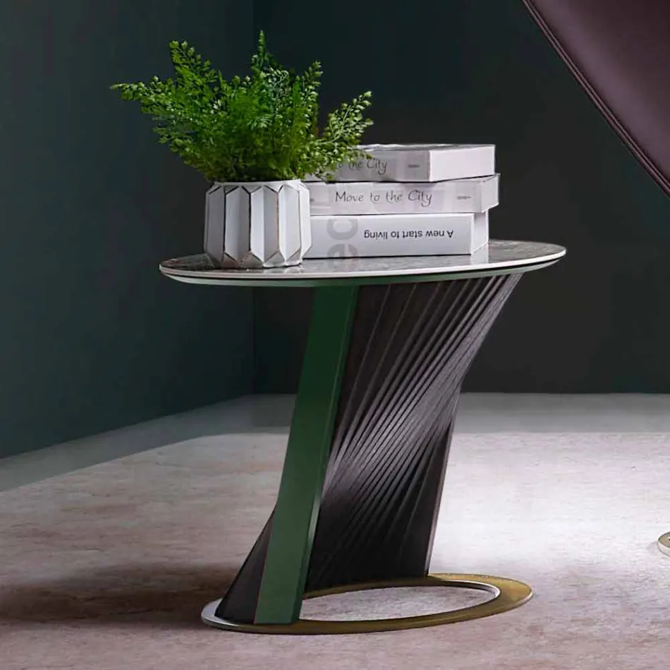 Ronde design salontafel van steengoed en essenhout Made in Italy - Bering Viadurini