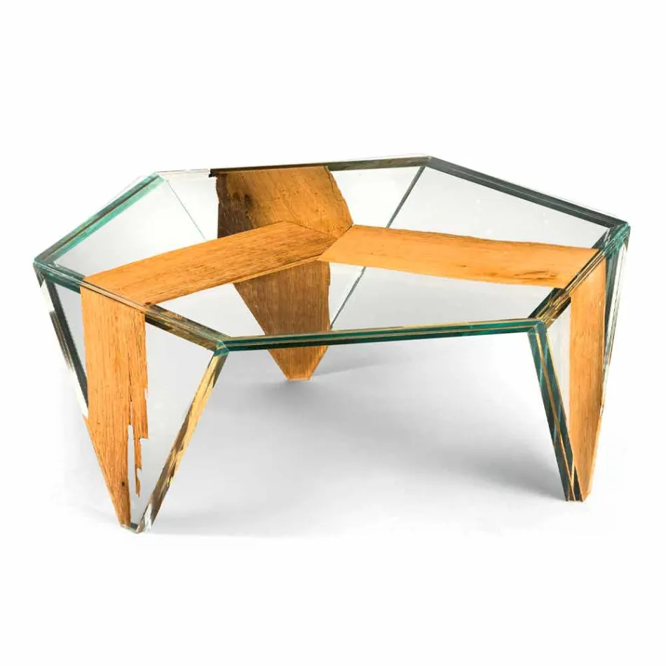 Gevormde salontafel in glas en hout Made in Italy - Mumbai Viadurini